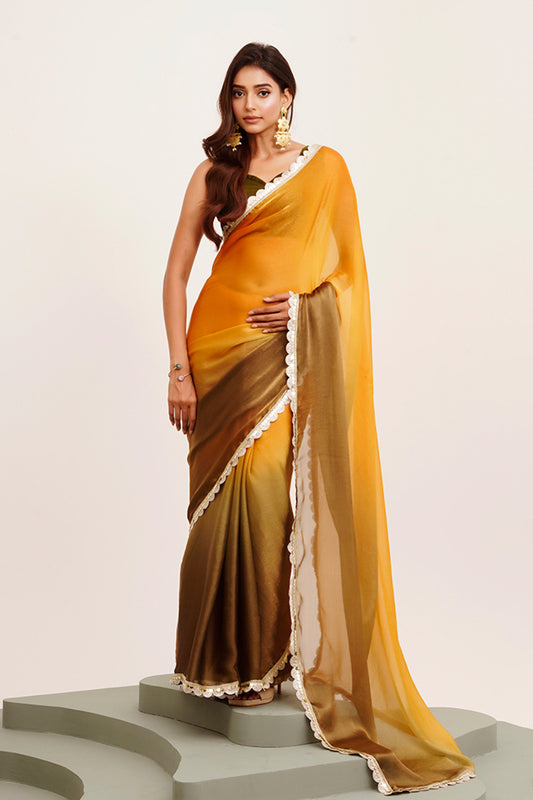Mustard Sequinned Chiffon Saree With Blouse