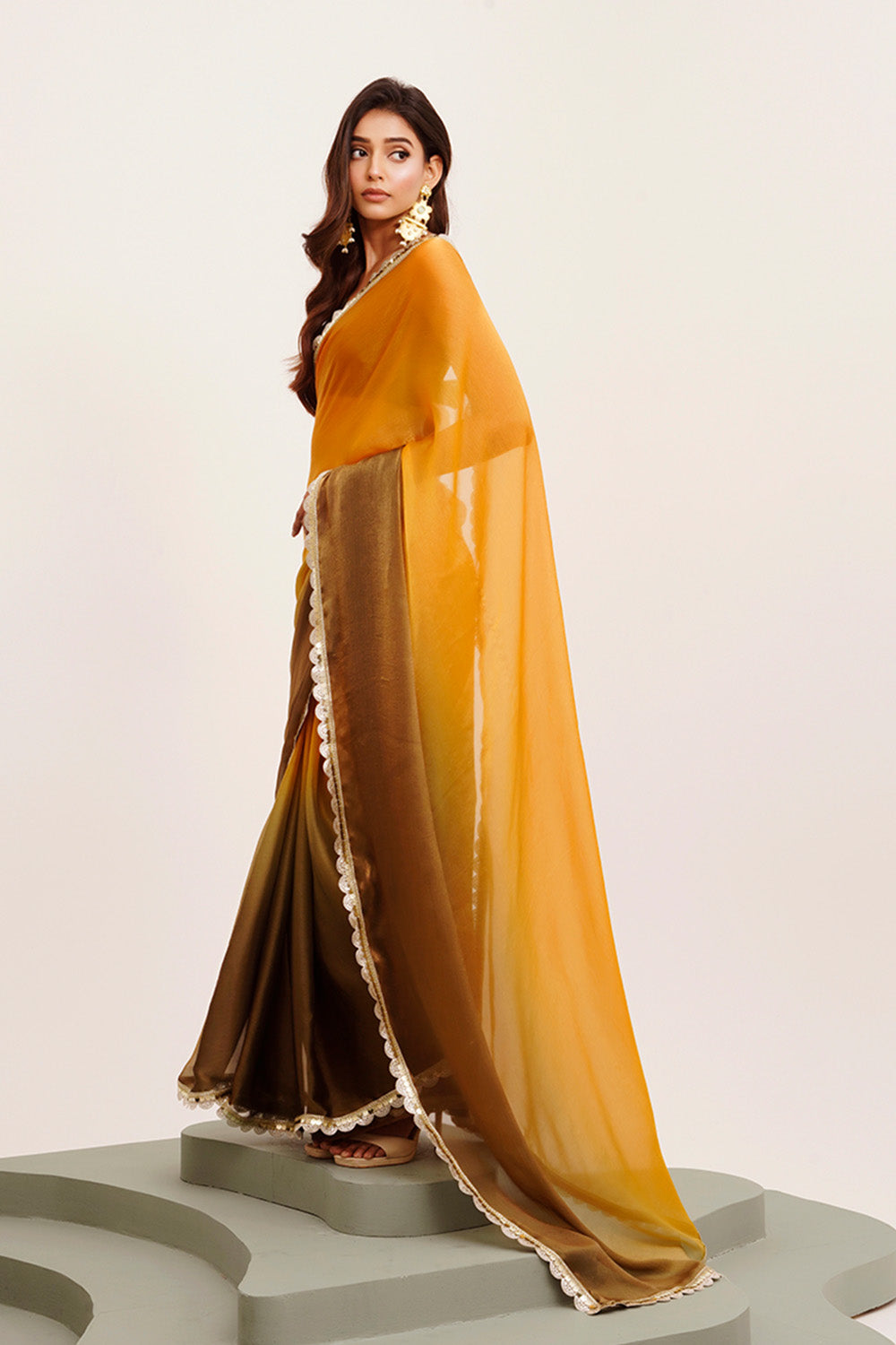 Mustard Sequinned Chiffon Saree With Blouse