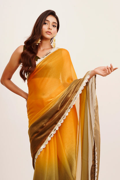Mustard Sequinned Chiffon Saree With Blouse