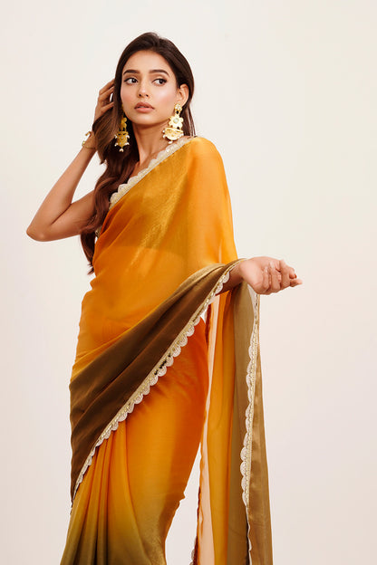Mustard Sequinned Chiffon Saree With Blouse