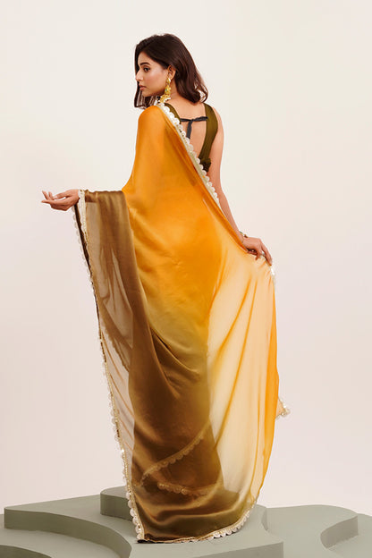 Mustard Sequinned Chiffon Saree With Blouse