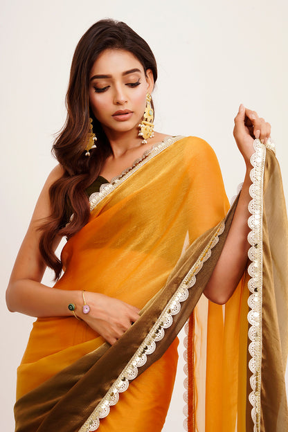 Mustard Sequinned Chiffon Saree With Blouse