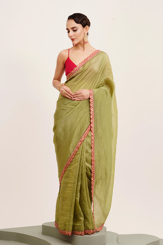 Green Sequinned Tissue Saree With Blouse