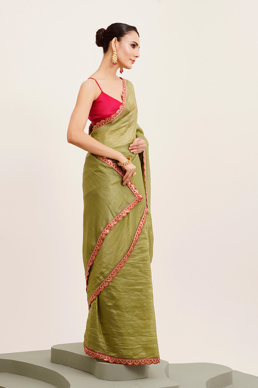 Green Sequinned Tissue Saree With Blouse