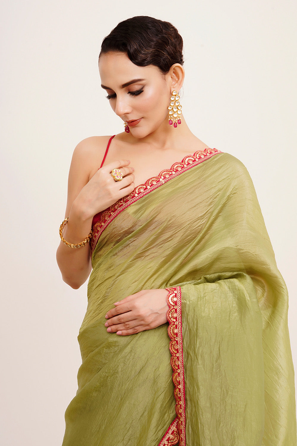 Green Sequinned Tissue Saree With Blouse