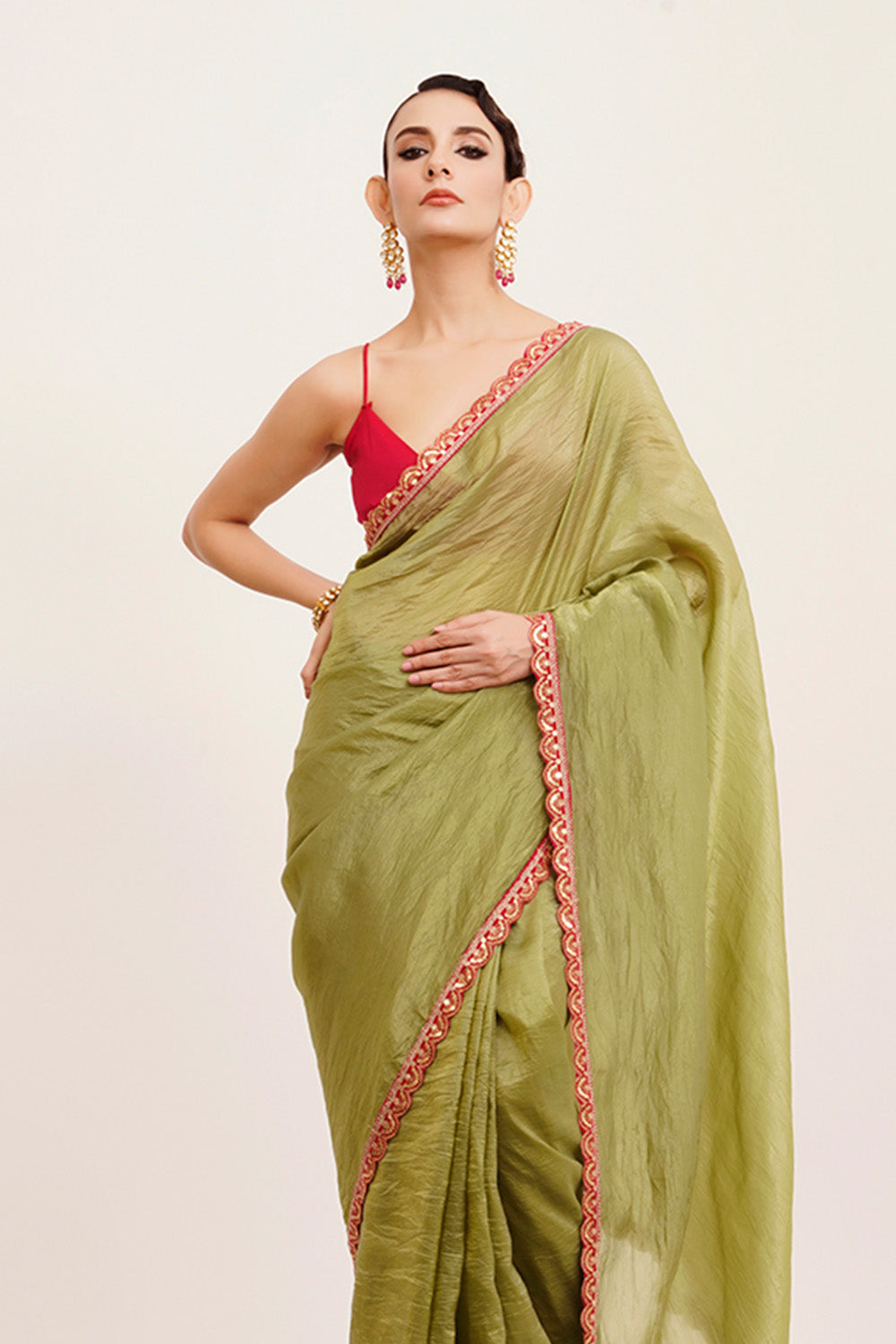 Green Sequinned Tissue Saree With Blouse