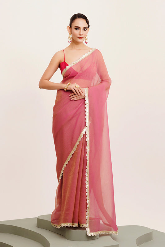 Pink Sequinned Tissue Saree With Blouse