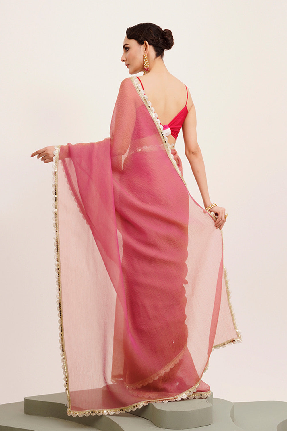 Pink Sequinned Tissue Saree With Blouse