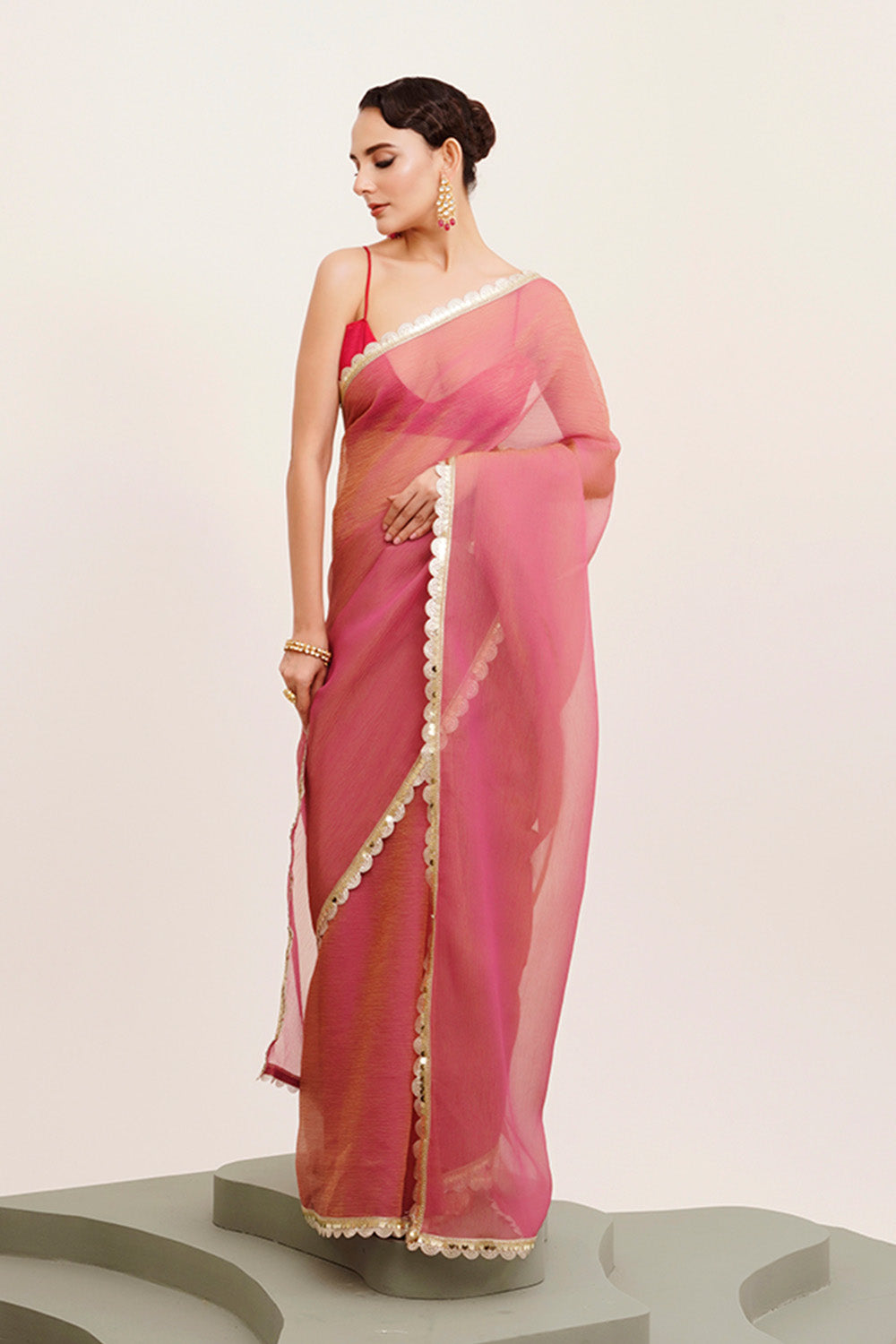 Pink Sequinned Tissue Saree With Blouse