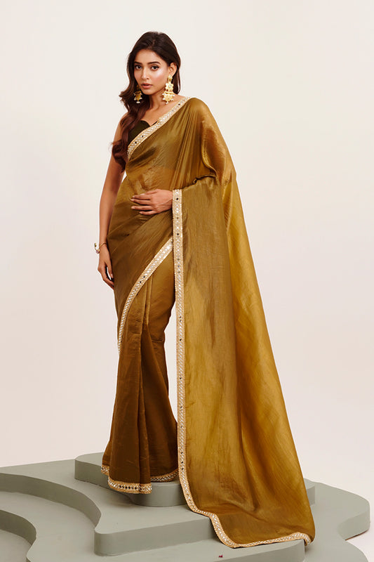 Mahendi Green Mirrorwork Tissue Saree With Blouse