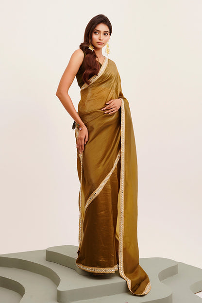 Mahendi Green Mirrorwork Tissue Saree With Blouse