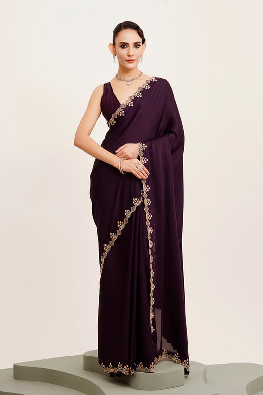 Purple Beads And Stones Satin Saree With Blouse