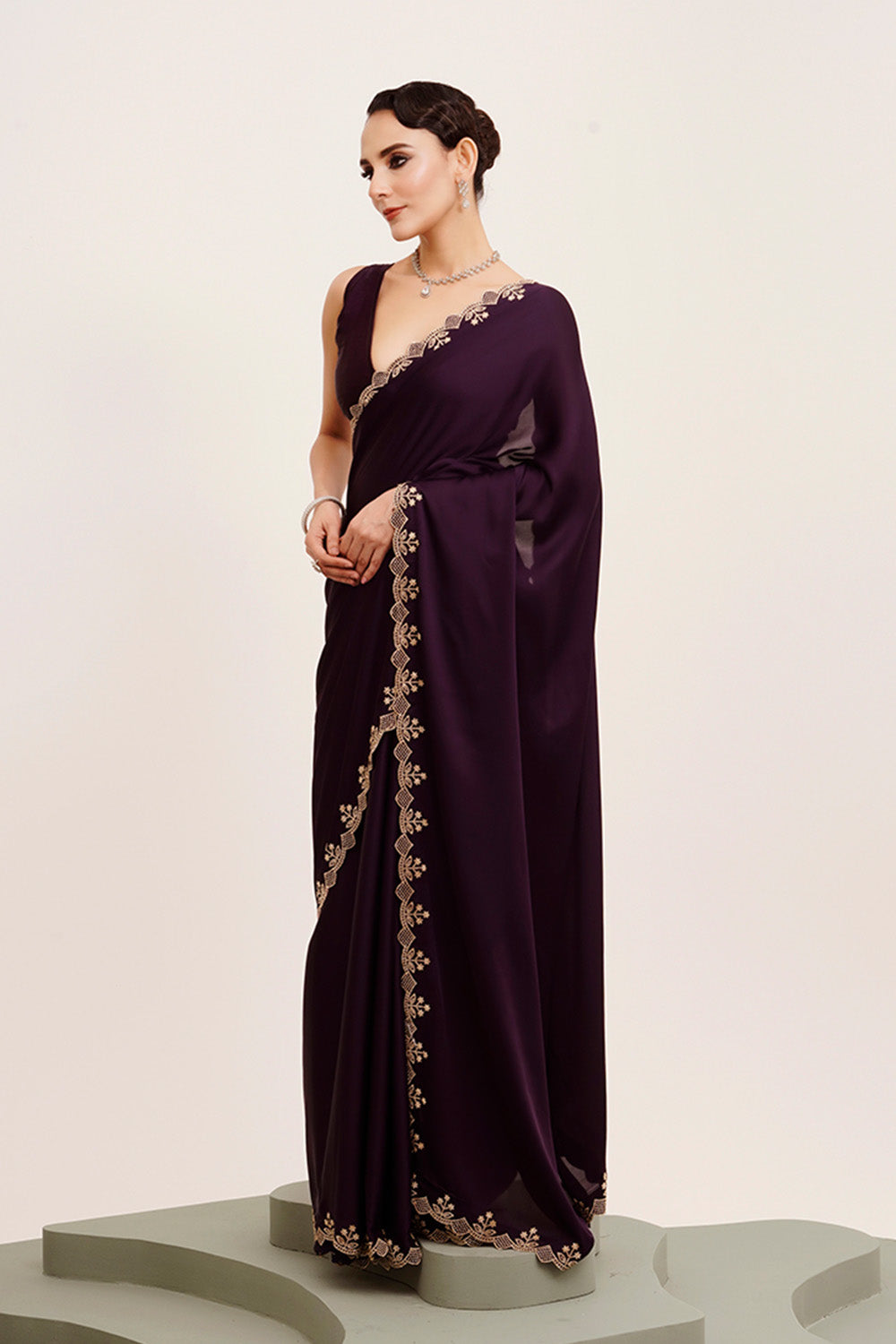 Purple Beads And Stones Satin Saree With Blouse
