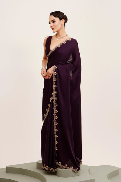 Purple Beads And Stones Satin Saree With Blouse