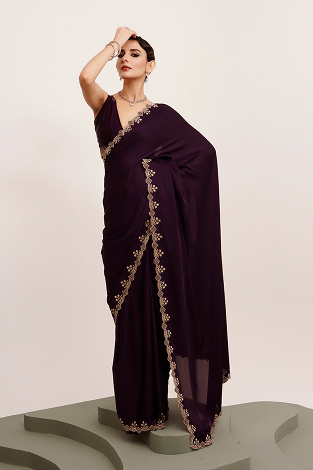 Purple Beads And Stones Satin Saree With Blouse