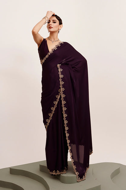 Purple Beads And Stones Satin Saree With Blouse