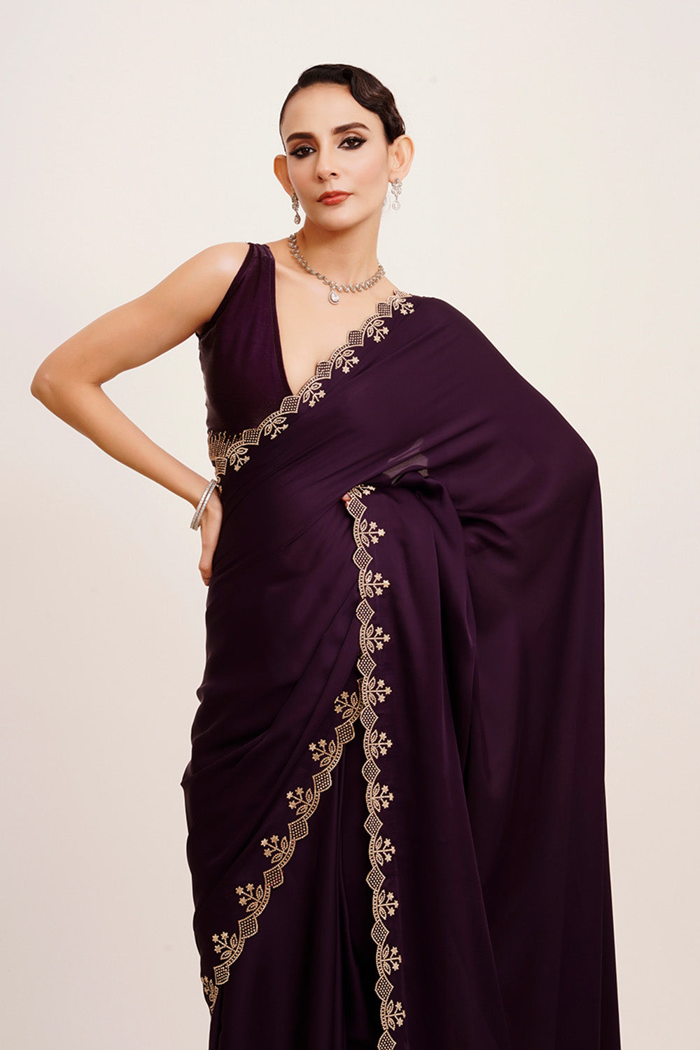 Purple Beads And Stones Satin Saree With Blouse