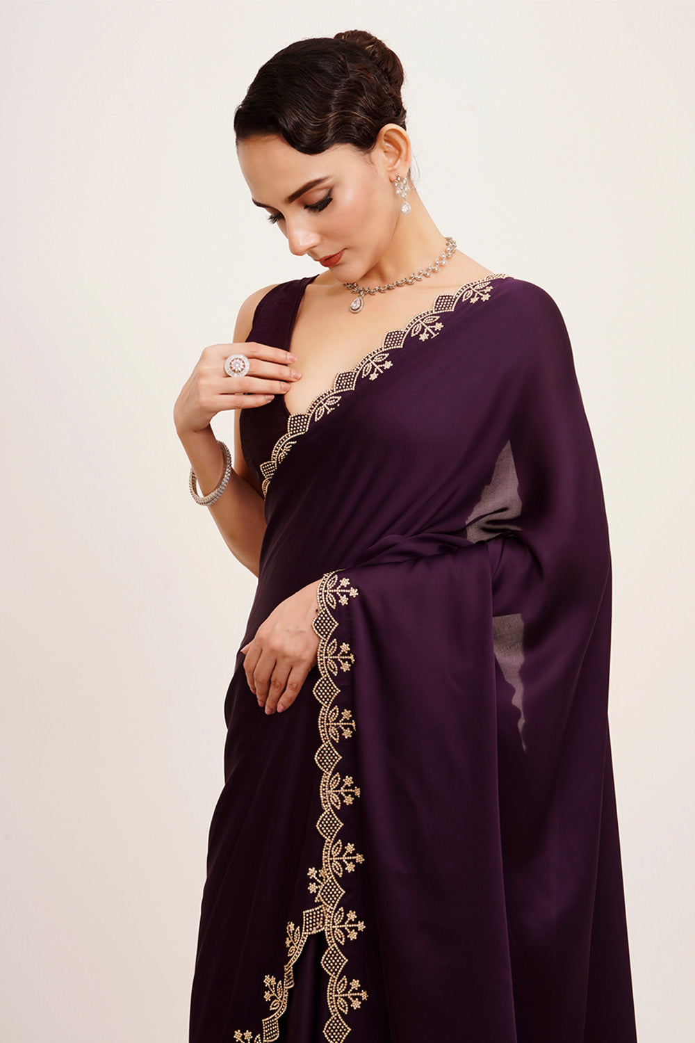 Purple Beads And Stones Satin Saree With Blouse
