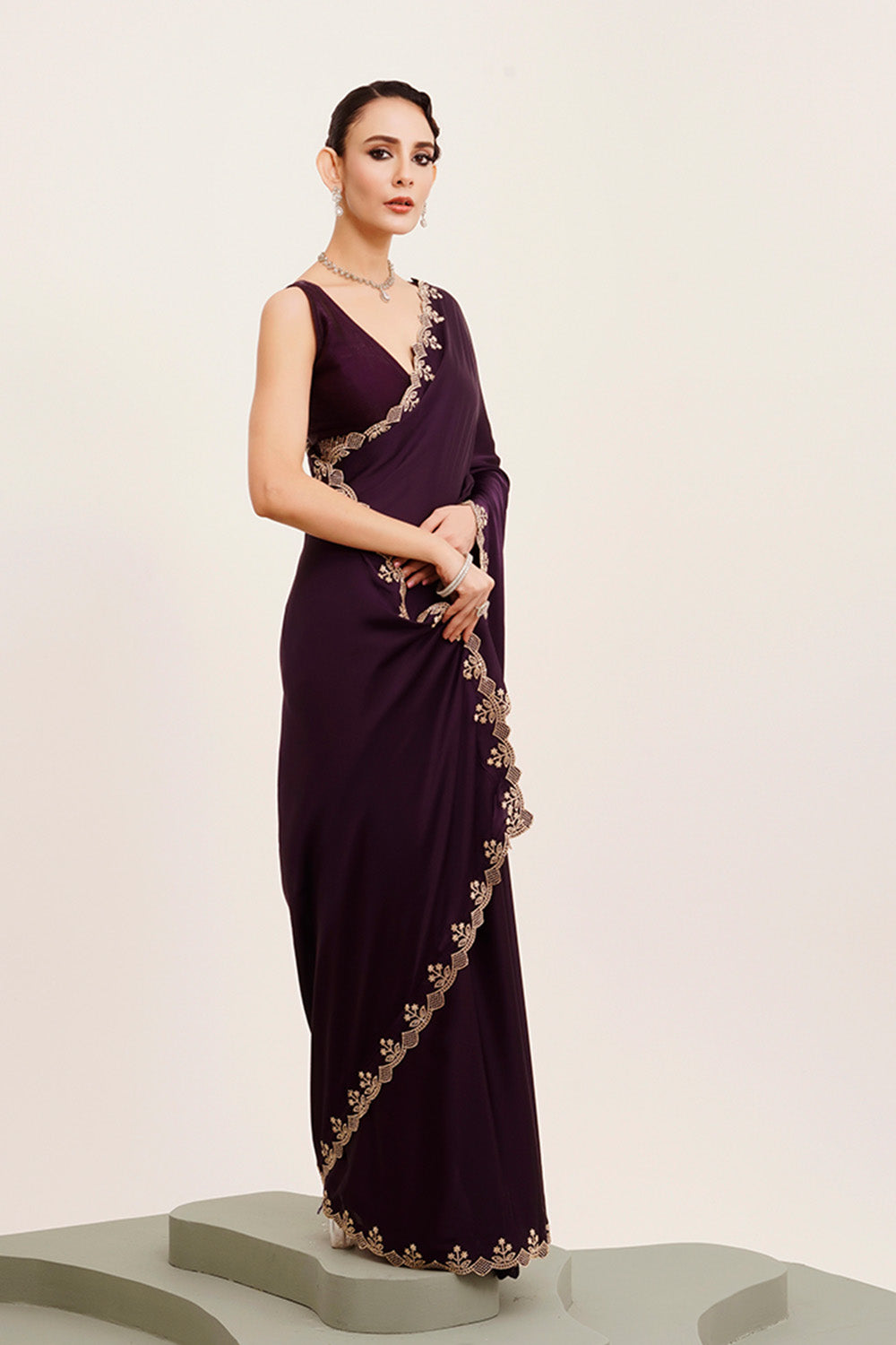 Purple Beads And Stones Satin Saree With Blouse