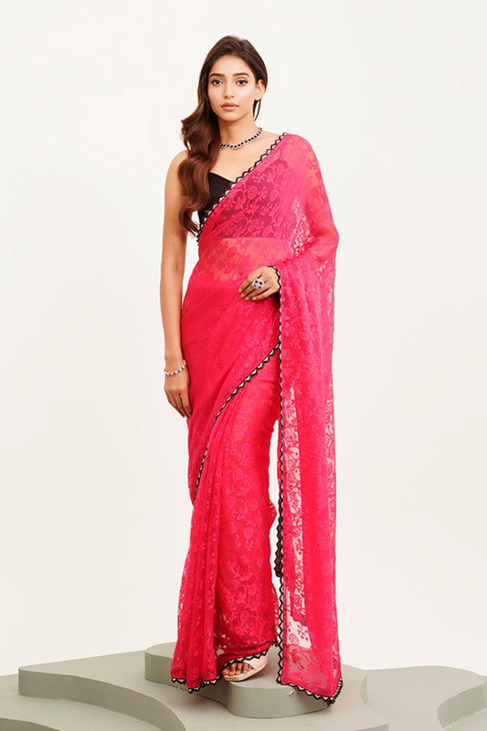 Pink Beads And Stones Saree With Blouse