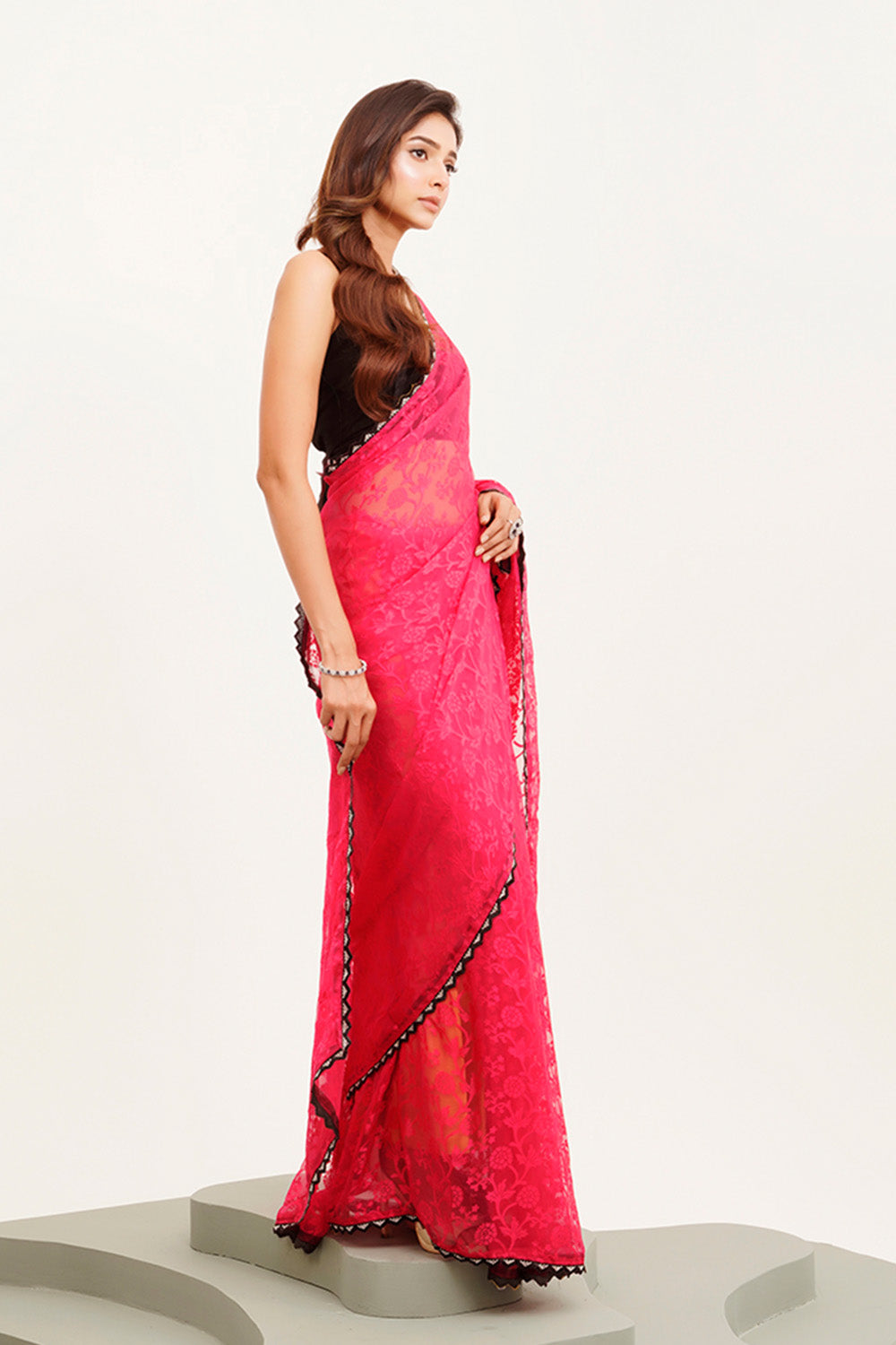 Pink Beads And Stones Saree With Blouse