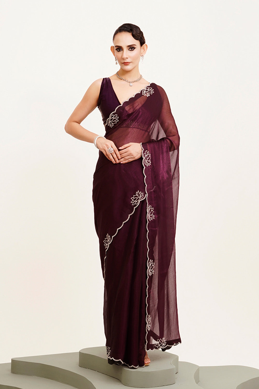 Maroon Beads And Stones Chiffon Saree With Blouse