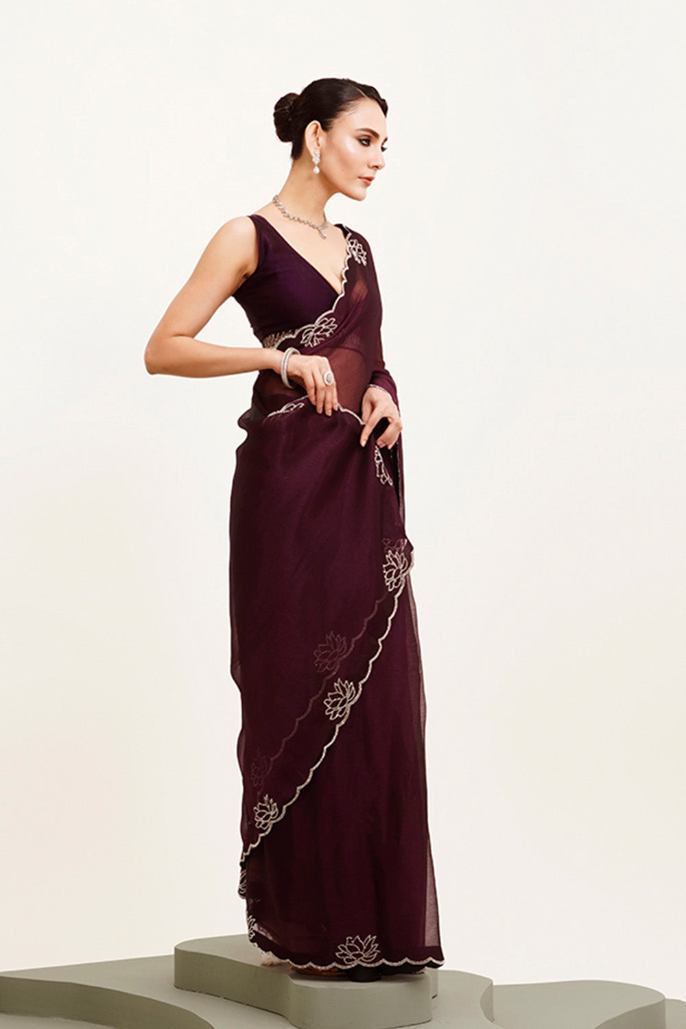 Maroon Beads And Stones Chiffon Saree With Blouse