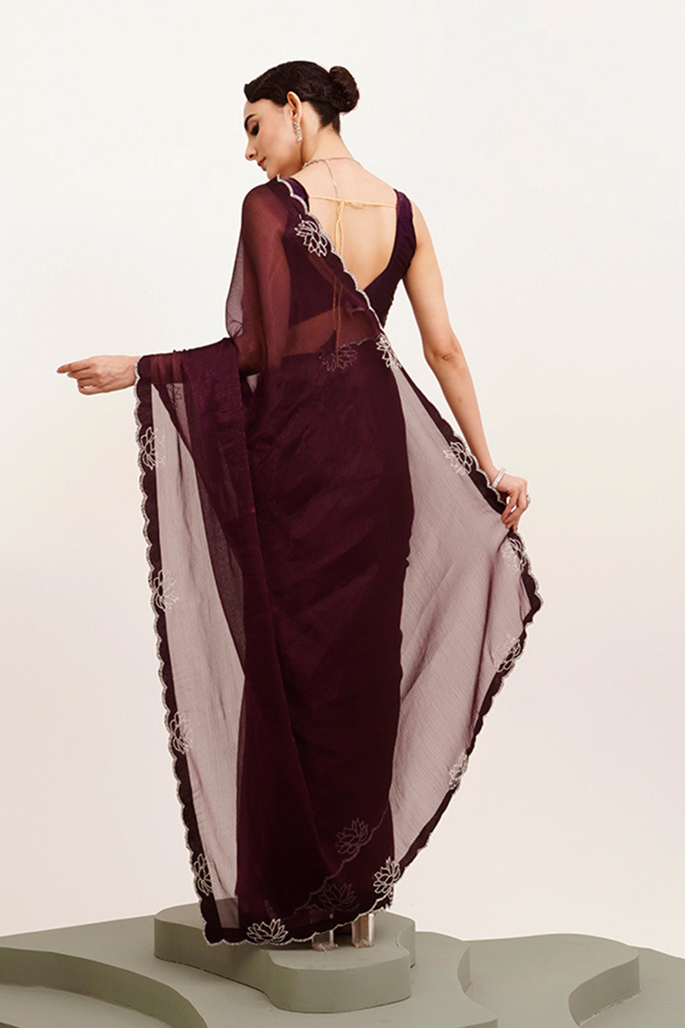 Maroon Beads And Stones Chiffon Saree With Blouse