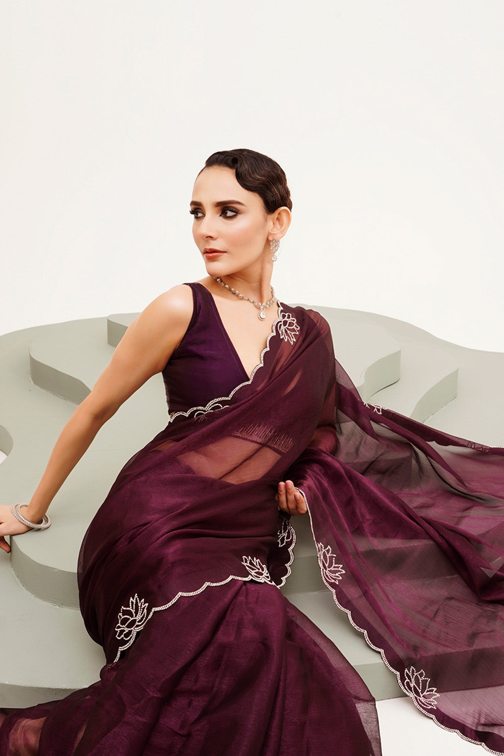 Maroon Beads And Stones Chiffon Saree With Blouse