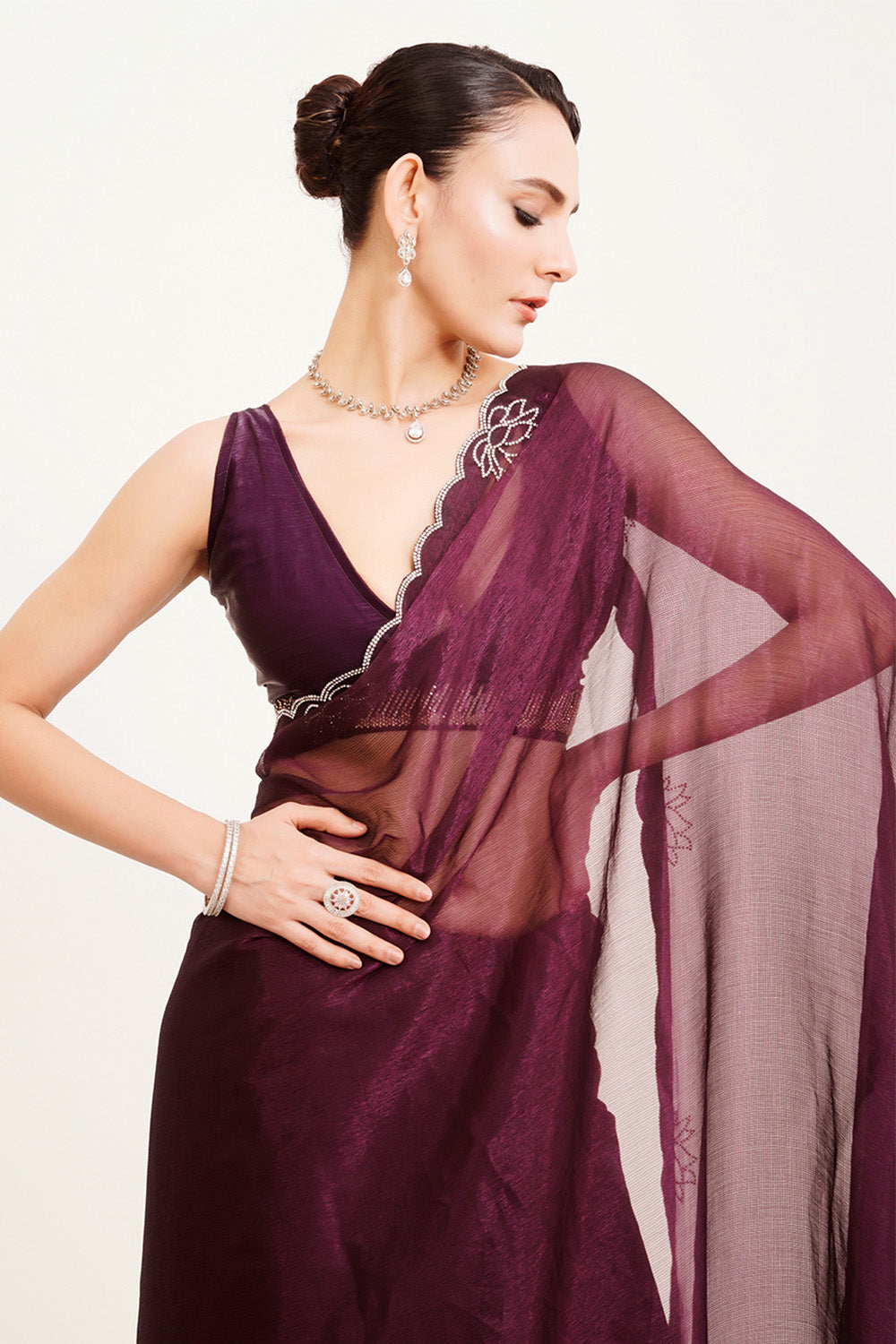 Maroon Beads And Stones Chiffon Saree With Blouse