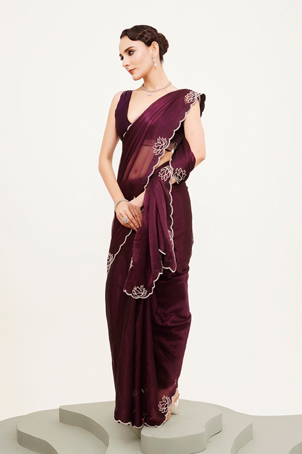 Maroon Beads And Stones Chiffon Saree With Blouse
