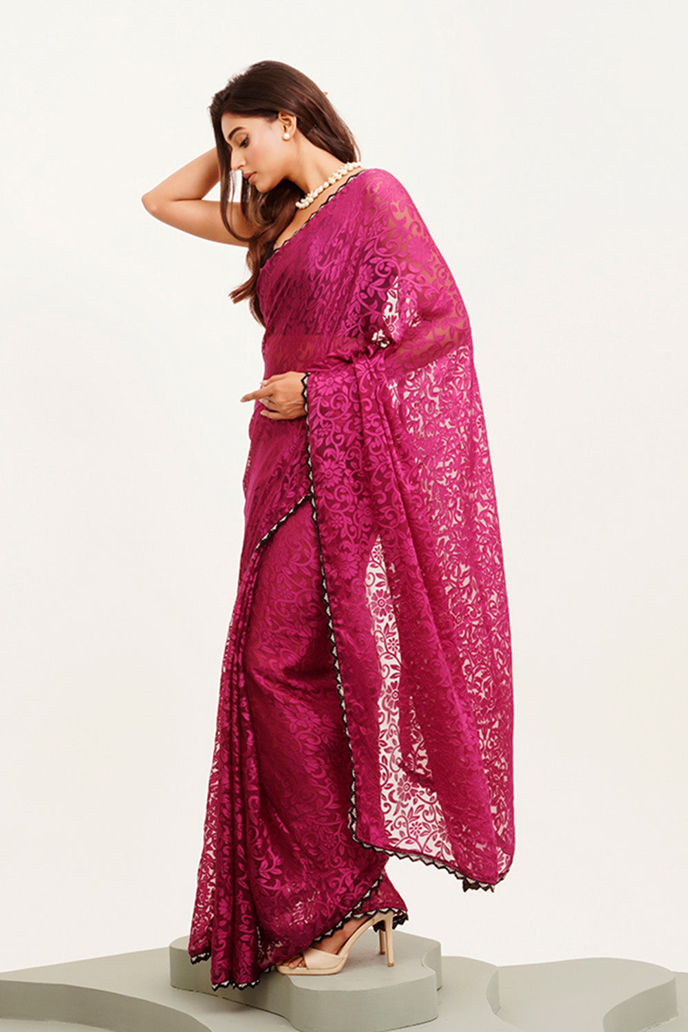 Purple Beads And Stones Saree With Blouse