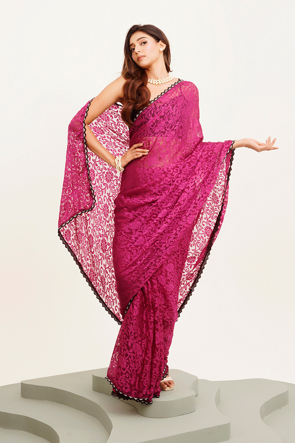 Purple Beads And Stones Saree With Blouse