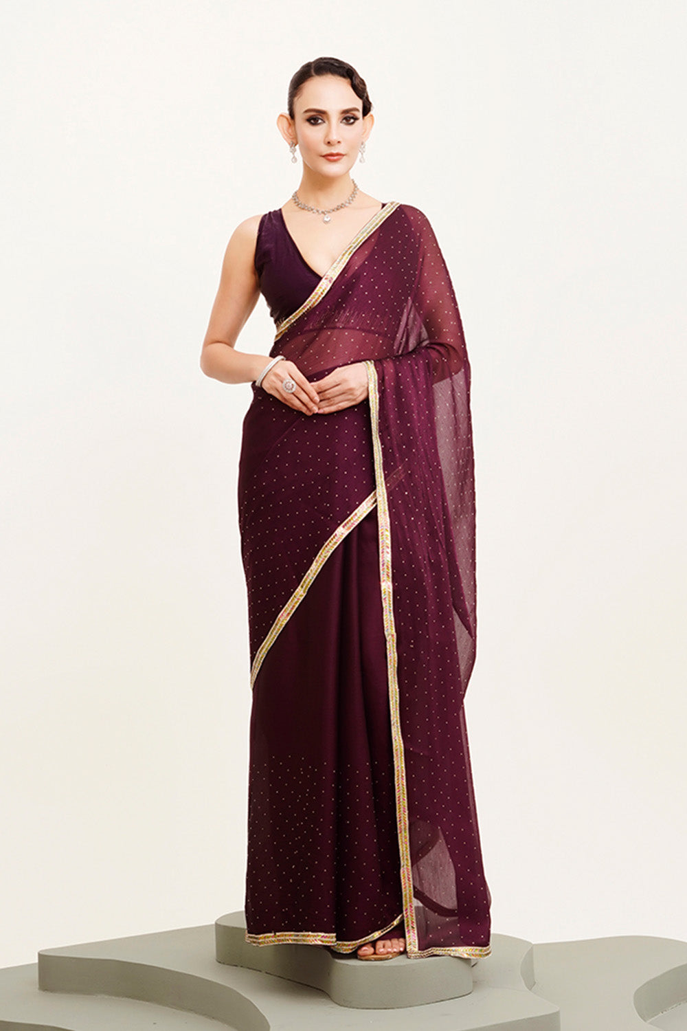 Maroon Beads And Stones Chiffon Saree With Blouse