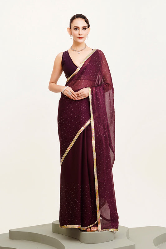 Maroon Beads And Stones Chiffon Saree With Blouse
