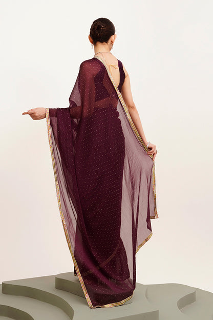 Maroon Beads And Stones Chiffon Saree With Blouse