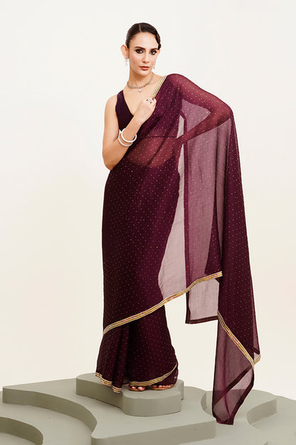 Maroon Beads And Stones Chiffon Saree With Blouse