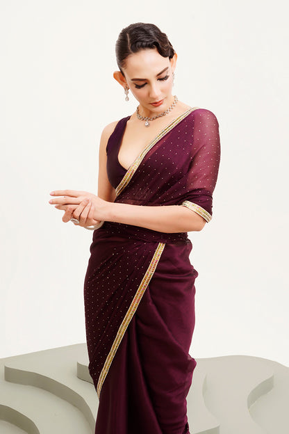 Maroon Beads And Stones Chiffon Saree With Blouse