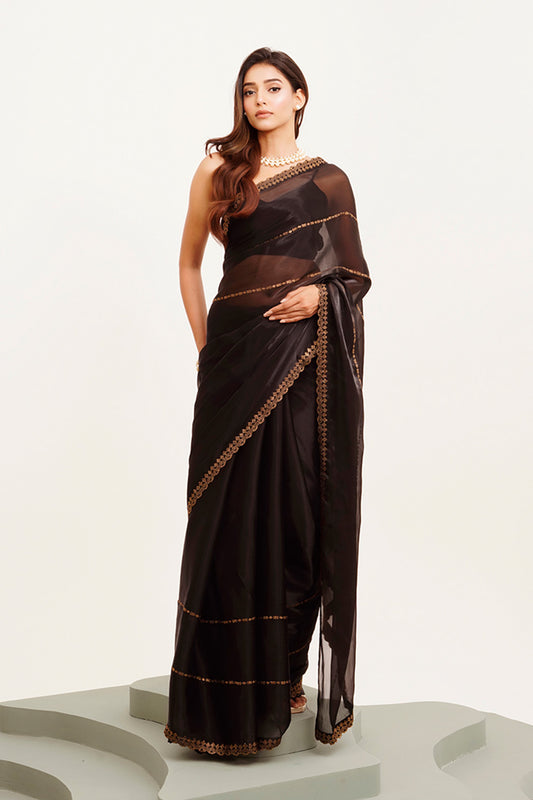 Black Beads And Stones Organza Saree With Blouse
