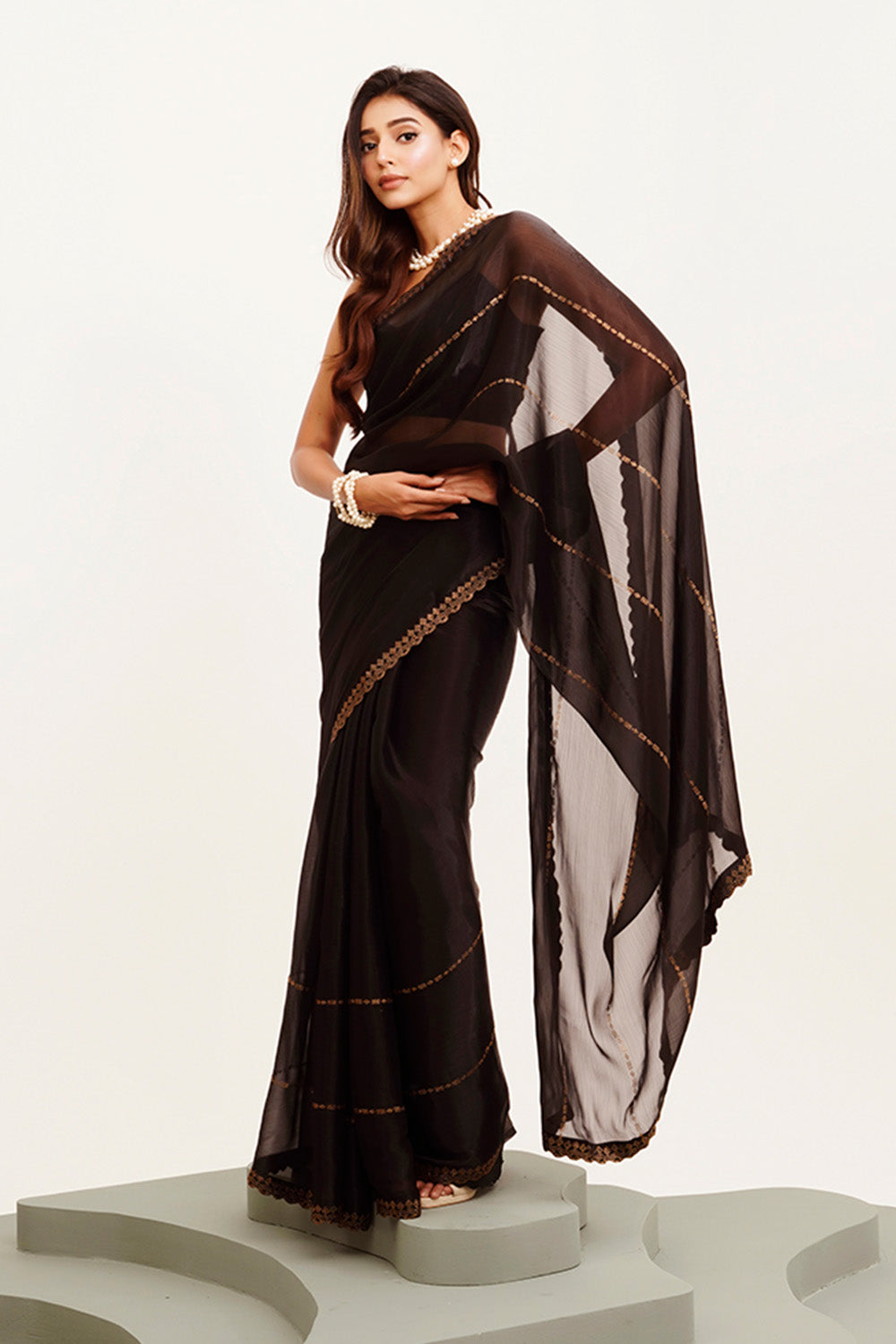 Black Beads And Stones Organza Saree With Blouse