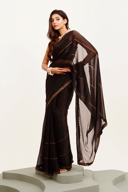Black Beads And Stones Organza Saree With Blouse