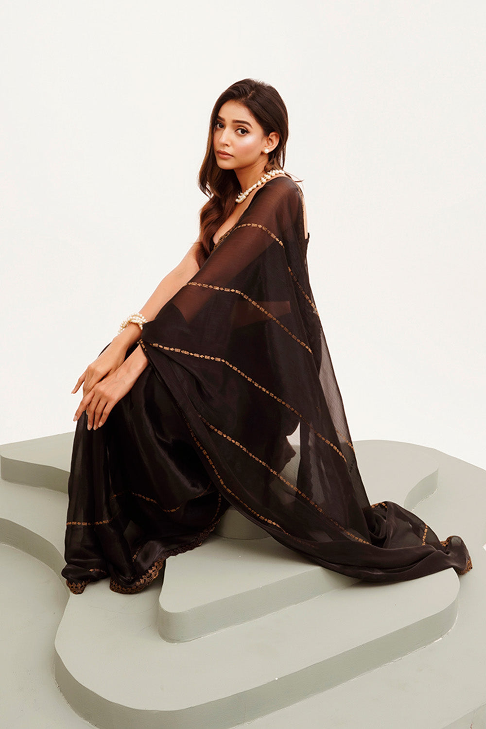 Black Beads And Stones Organza Saree With Blouse