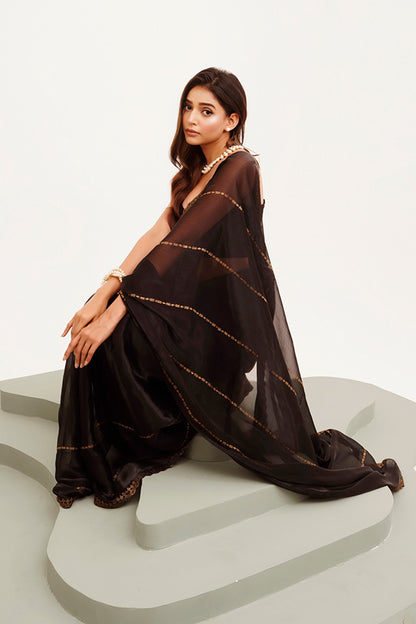Black Beads And Stones Organza Saree With Blouse
