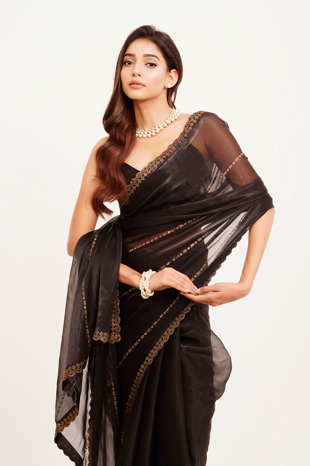 Black Beads And Stones Organza Saree With Blouse