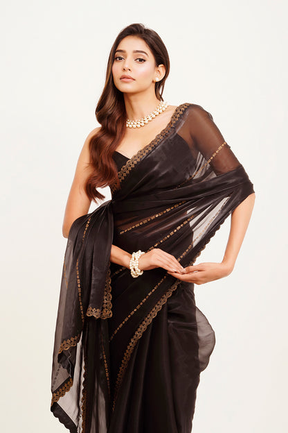 Black Beads And Stones Organza Saree With Blouse