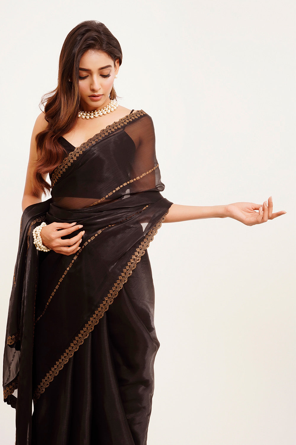 Black Beads And Stones Organza Saree With Blouse