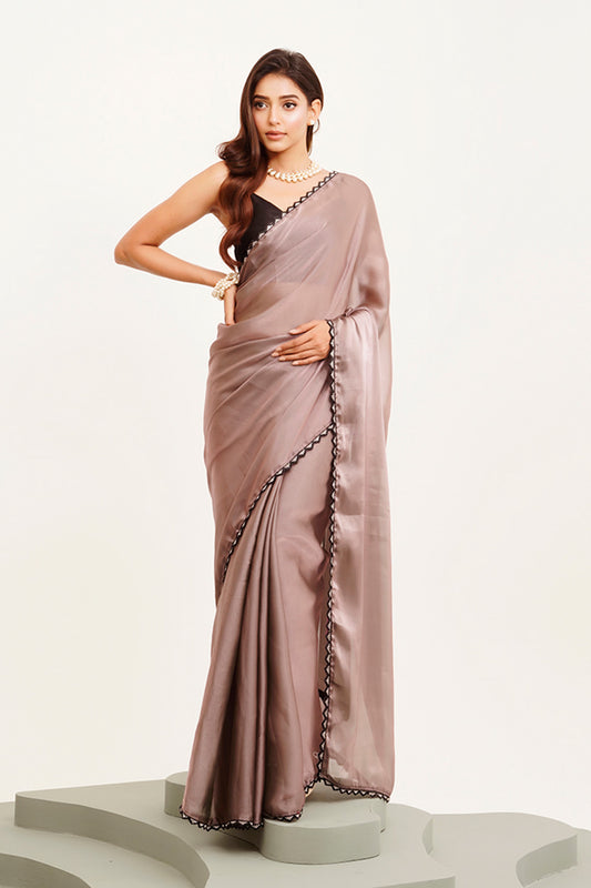 Metallic Brown Beads And Stones Saree With Blouse
