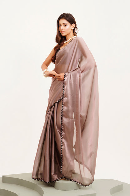 Metallic Brown Beads And Stones Saree With Blouse