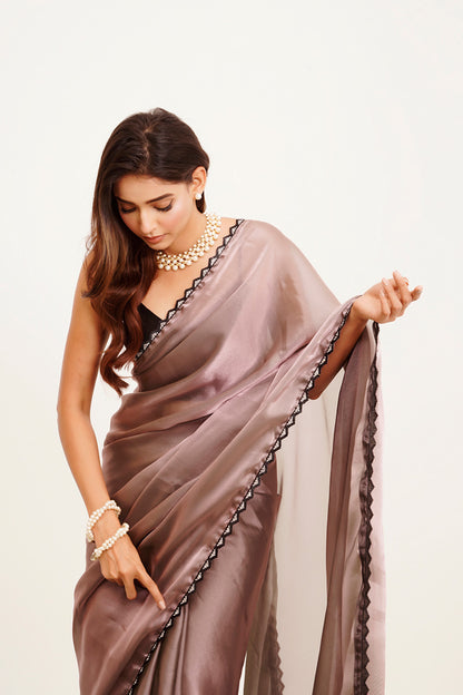 Metallic Brown Beads And Stones Saree With Blouse
