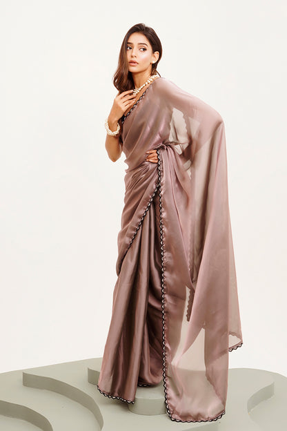 Metallic Brown Beads And Stones Saree With Blouse